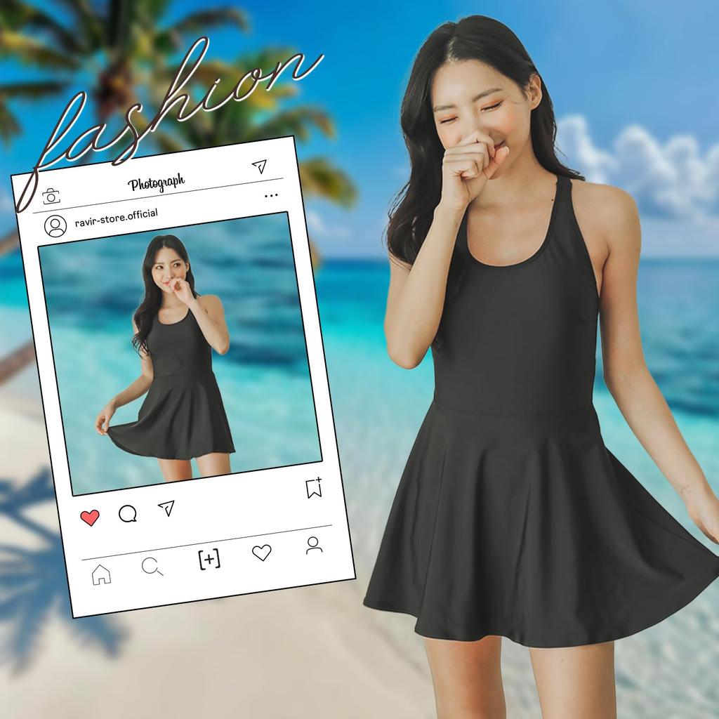 Simple Flare Size M [RAVIR] Women's One-Piece Swimsuit, Inpan, Black,