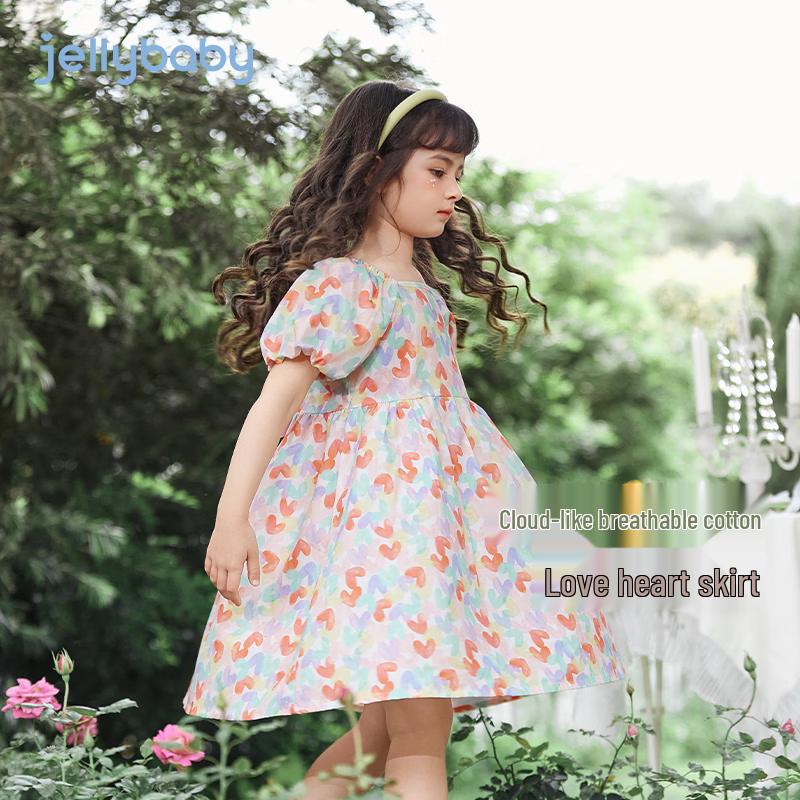 JELLYBABY Girls  Pure Cotton Floral Puff Sleeve Princess Dress 120