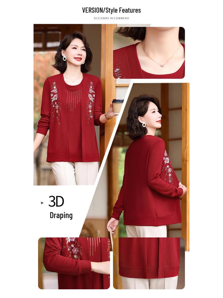 Spring Spliced Knit Blouse for Women Aged 40-60 - Faux Two-Piece Sweater Design