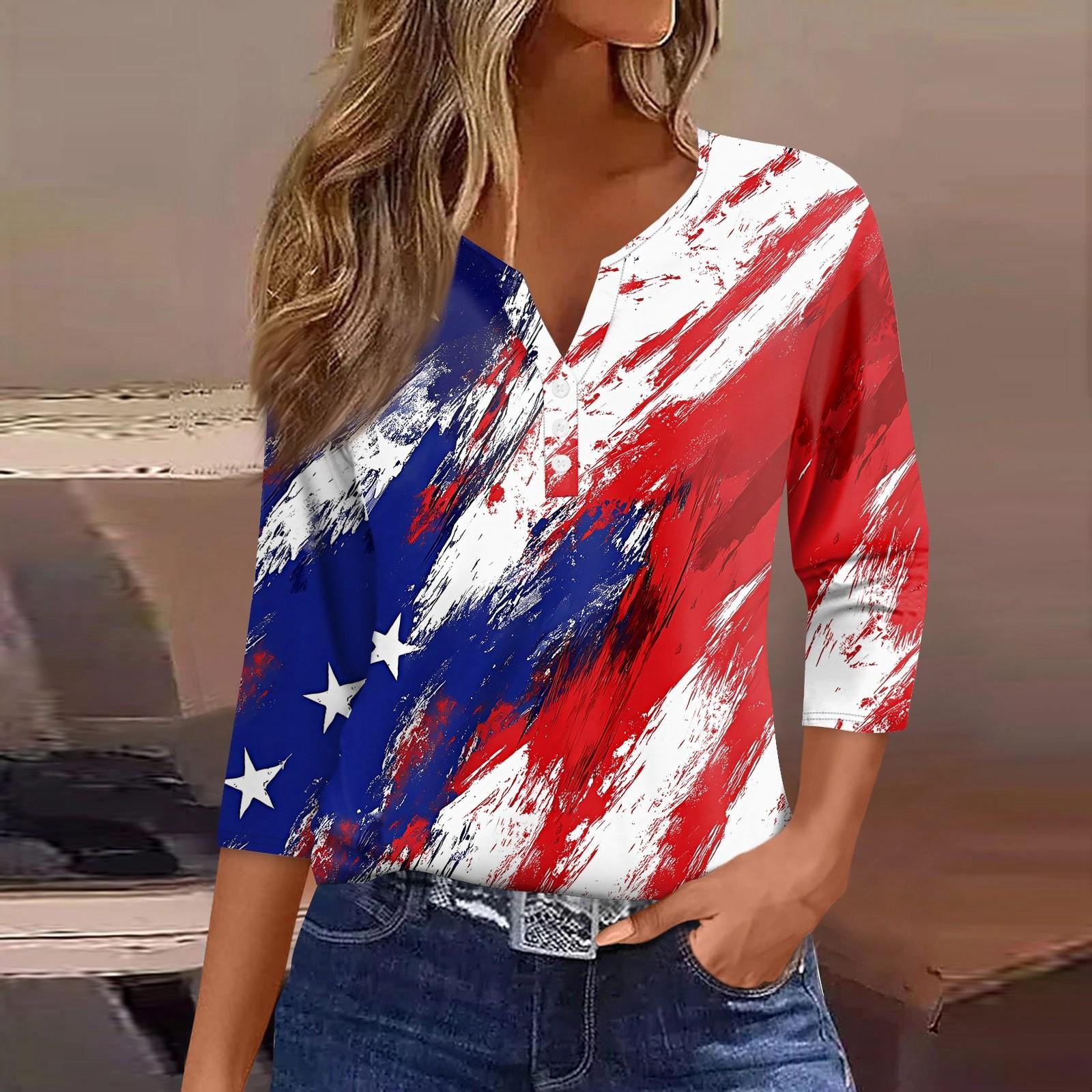 

Жен. Футболка С принтом Пуговицы Рукав 3/4 Повседневные Выходные Мода Классический Классический V-образный вырез Обычный Верх XXXL синий