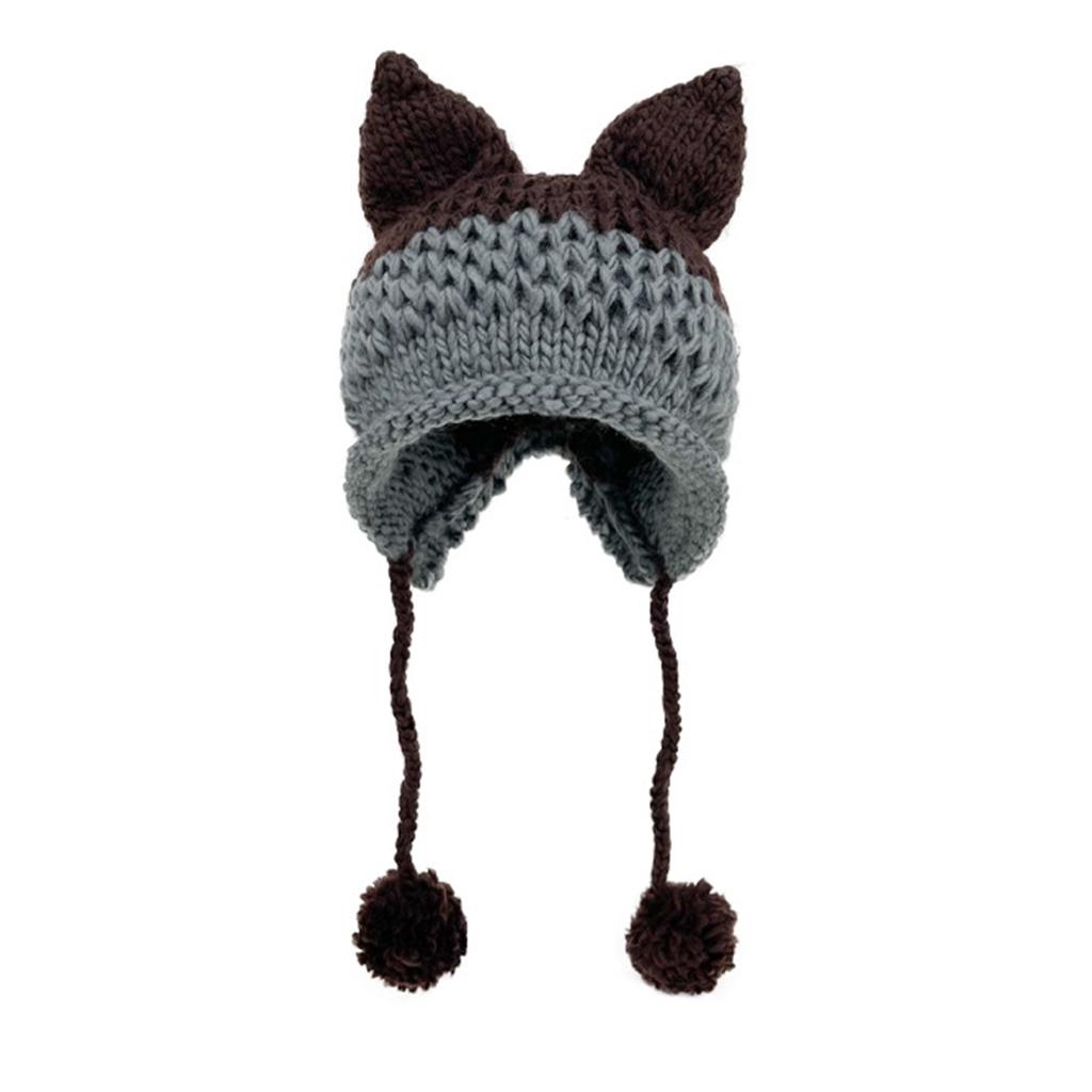 Women Japanese Cute Cat Ears Knitted Beanie Hat with Plush Ball