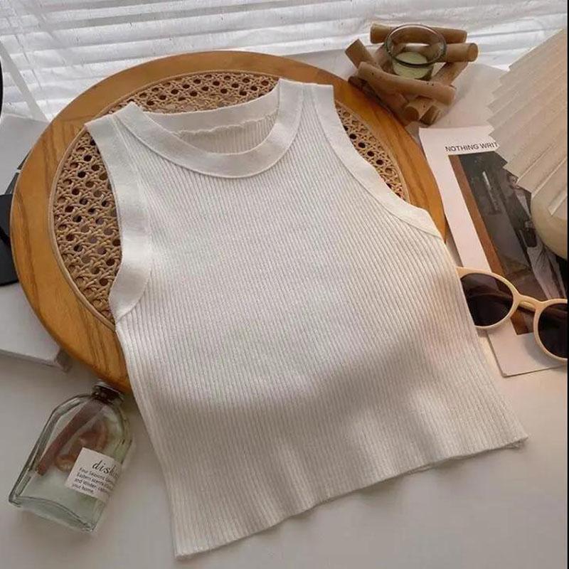 Green Knit Tank Top Sleeveless Short Women's Crop Top Solid Color Inner Wear Outer Skinny Short Vest Korean Fashion