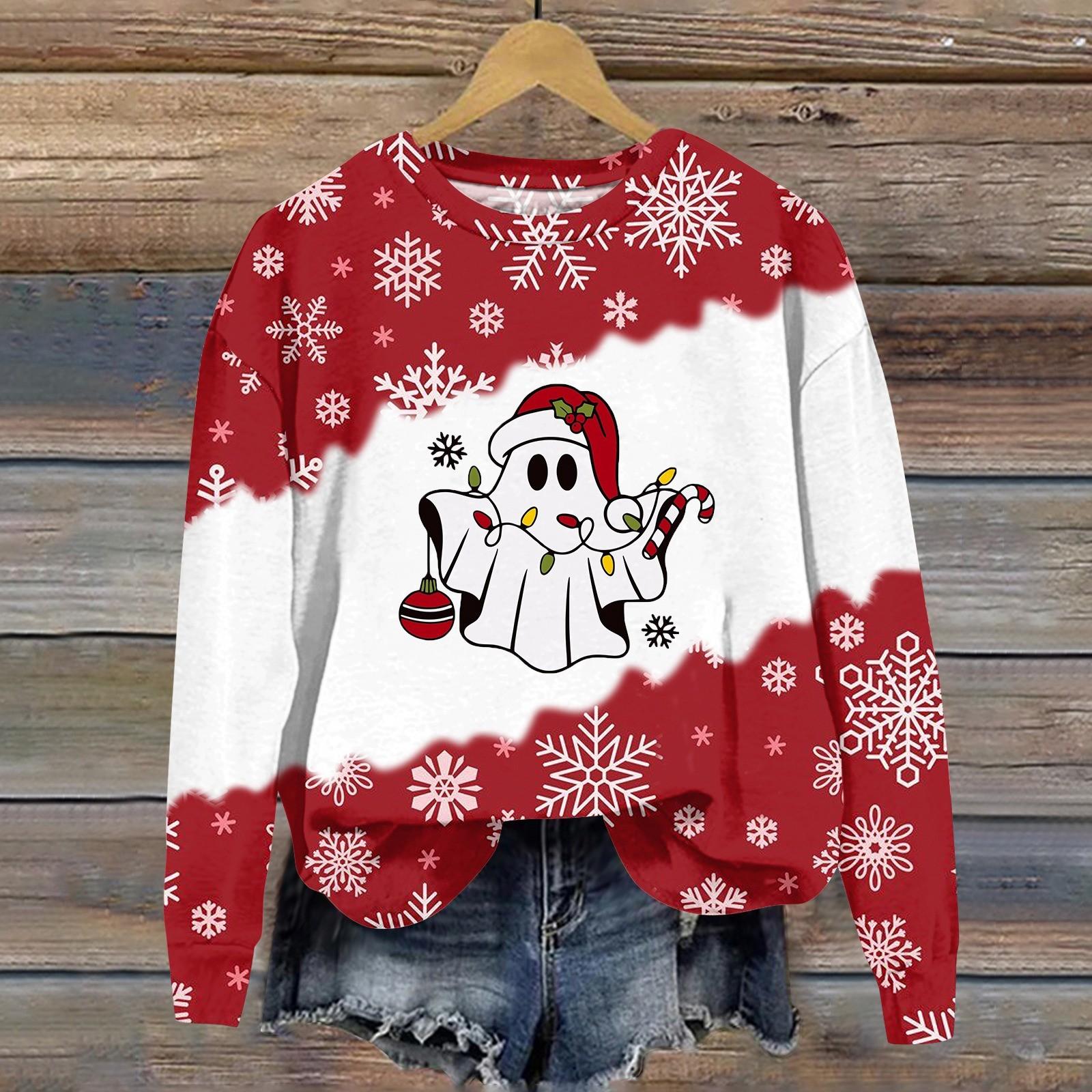 Женская мода рождественский принт длинный рукав свободный круглый вырез толстовка — фото 6