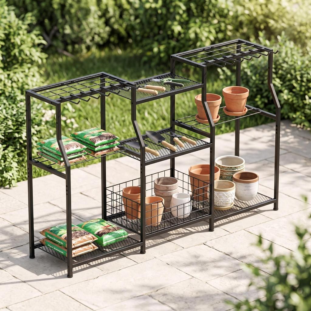 Garden Tool Organizer Heavy Duty Garage Storage Rack with Hooks Space-Saving