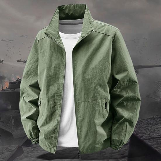 Herren Jacke Stehkragen Langarm Reißverschlussleiste Frühling Herbst Mantel mit Taschen Einfarbig Lockere Passform Vielseitige Oberbekleidung