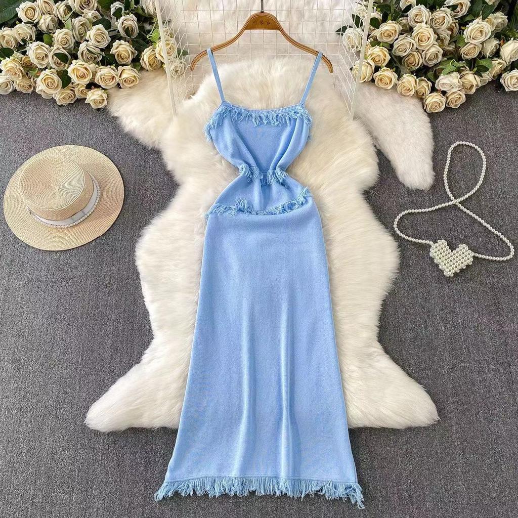 French-Style Solid Knitted Fringe Halter Dress for Women 2026 New Arrival Summer Collection Elegant and Gentle Pink Resort-Style Maxi Dress