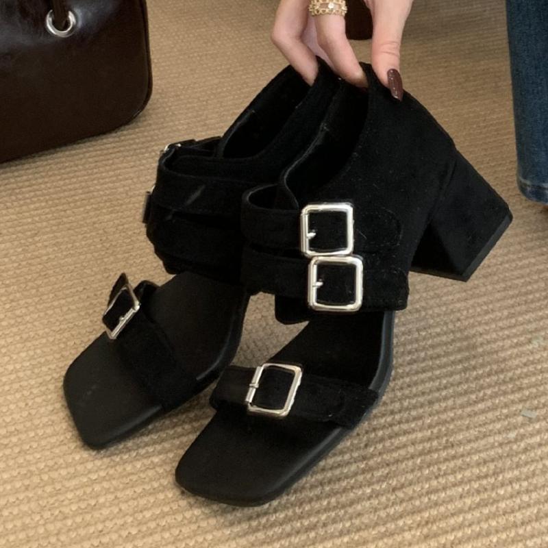 Fashion High Quality Faux Suede Heeled Sandals Women Fashion Square Toe Buckle Brand Designer Shoes Comfort Open Toe Sandalias De Mujer