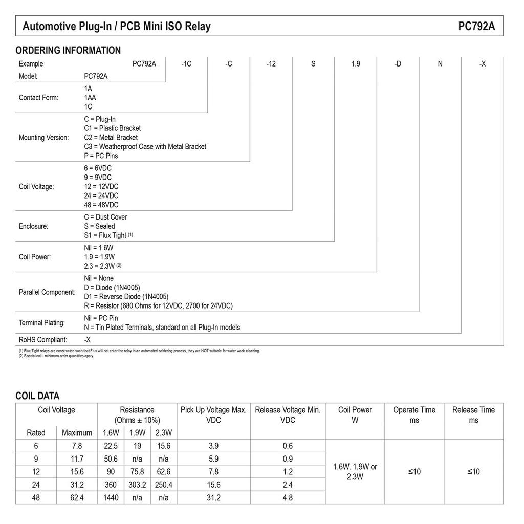 (2PCS) PC792A-1C-C1-12S-RN-X Relay Automotive SPDT 40A 12V
