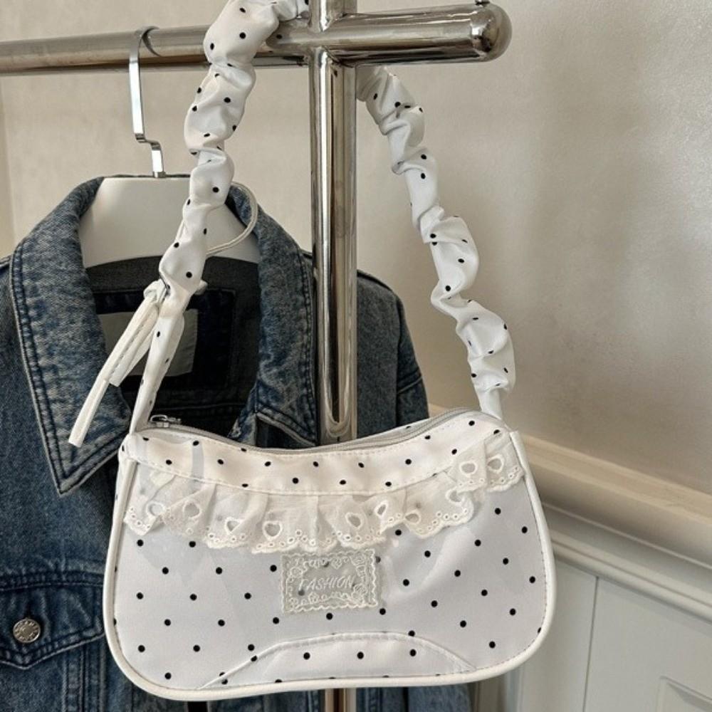 Lace Polka Dot Shoulder Bag Drawstring French Stick Handbag Cute Pleated Underarm Bag  Daily