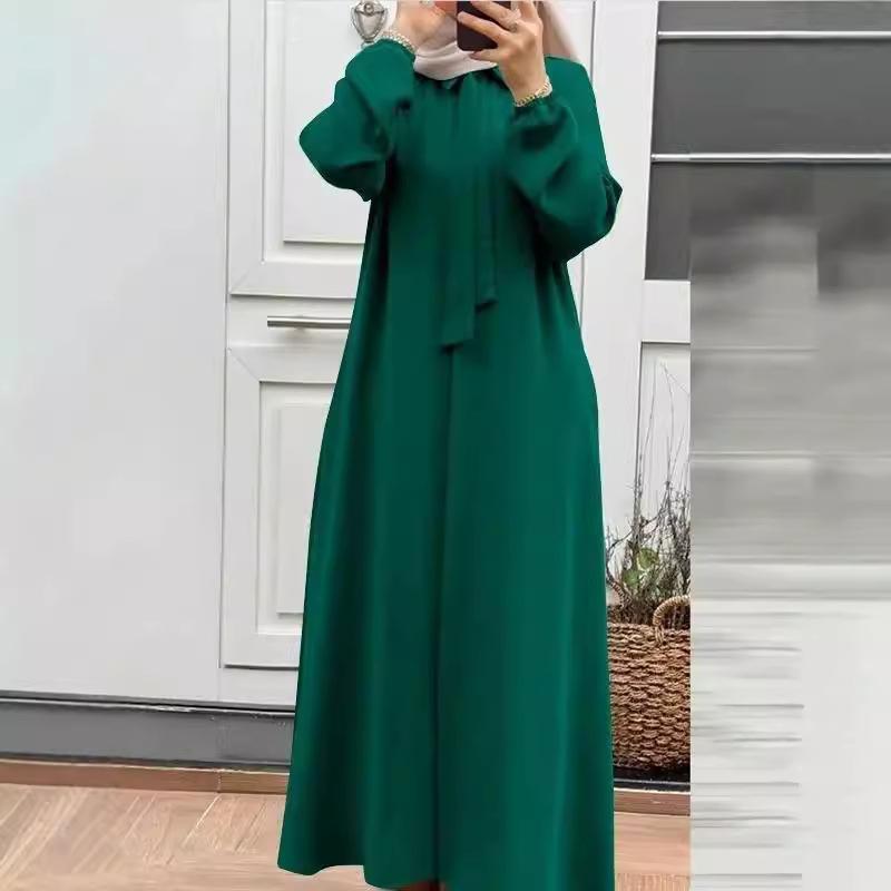 Muslim Women's Plus Size Fashion Bow Tie Lapel Solid Color Long Sleeve Shirt Sundress Pocket Loose Long Dress