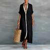 Spring Female Collared Cotton Linen Dress With Zipper For Travel And Office