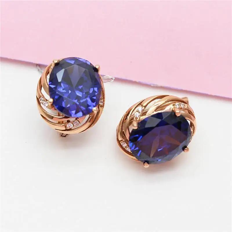 Pendientes de Gema Azul para Mujer Diseño Simple Chic Pendientes de Zafiro de Moda Que Brillan en Oro Rosa Chapado en Cobre