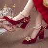 Fashion 2025 New Gold Embroidered Flowers Thick High Heels Women's Big String Bead Decor Wedding Pumps Woman Suede Point Toe Party Shoes