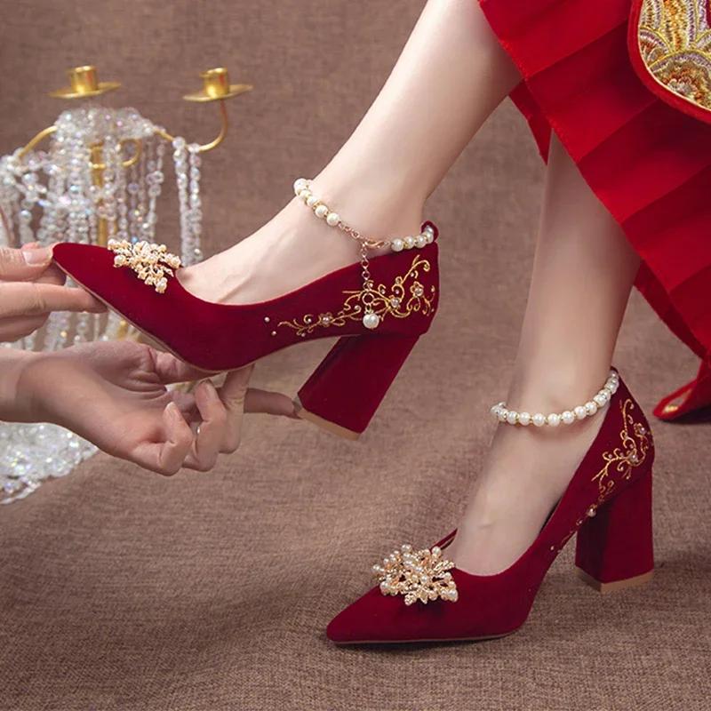 Fashion 2025 New Gold Embroidered Flowers Thick High Heels Women's Big String Bead Decor Wedding Pumps Woman Suede Point Toe Party Shoes
