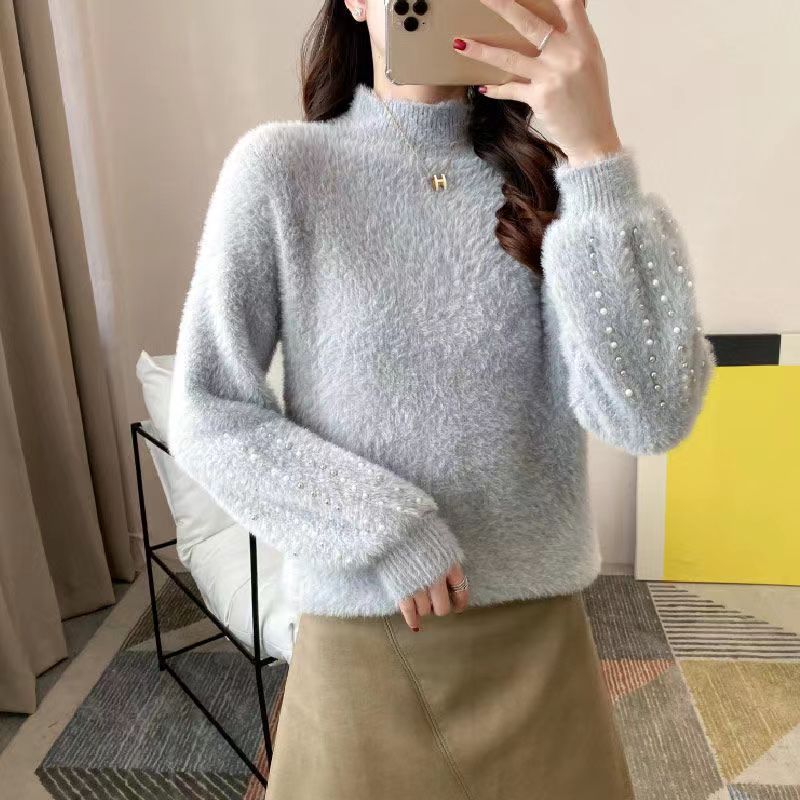 Half Turtleneck Mohair Sweater Women's Autumn and Winter Long-sleeved All-match Slim Pullover Knitted Top