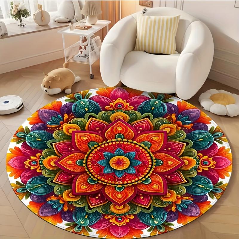 Vibrant Indian Rangoli Circular Rug - Machine Washable Anti-Slip Floor Mat for Living Room, Bedroom and Holiday Decor