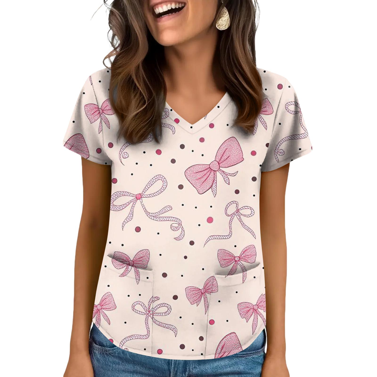 

Women s V-neck Valentine s Day Printed Short-sleeved Top With Pockets And Side Slits, Suitable For Caregivers. L рожевий