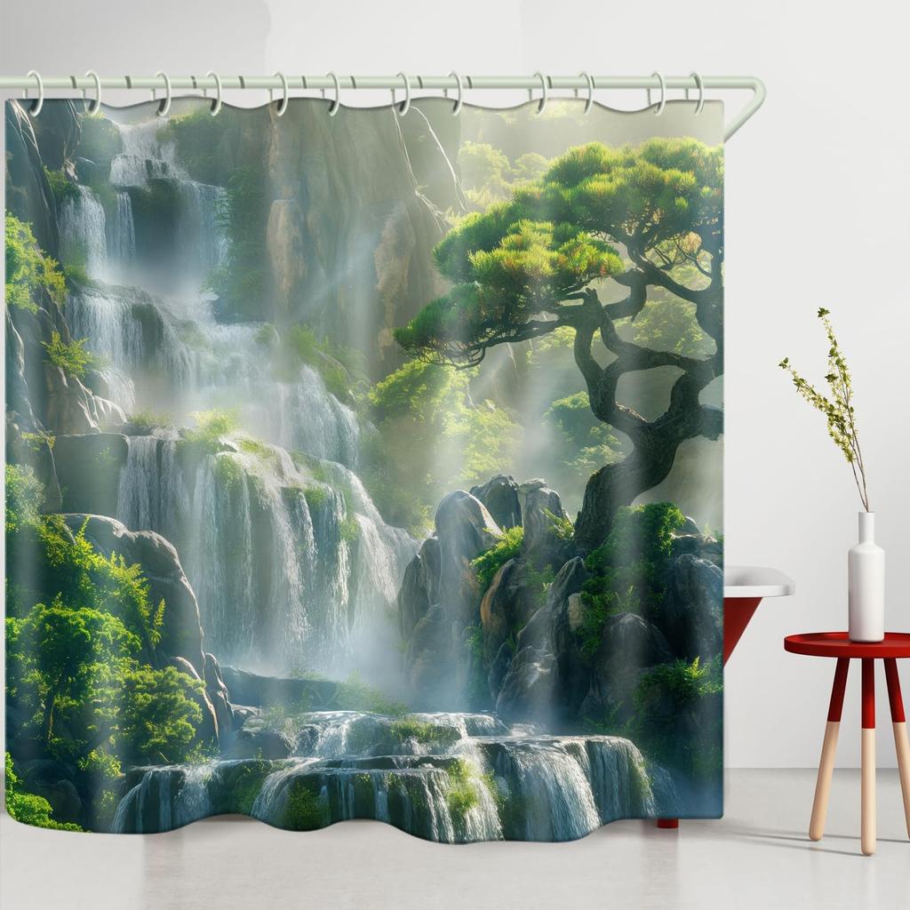 Bathroom Uses Waterfall 3D Shower Curtain, Luxury Bathtub Standard Shower Curtain, Waterproof and Bright Fabric Shower Curtain W