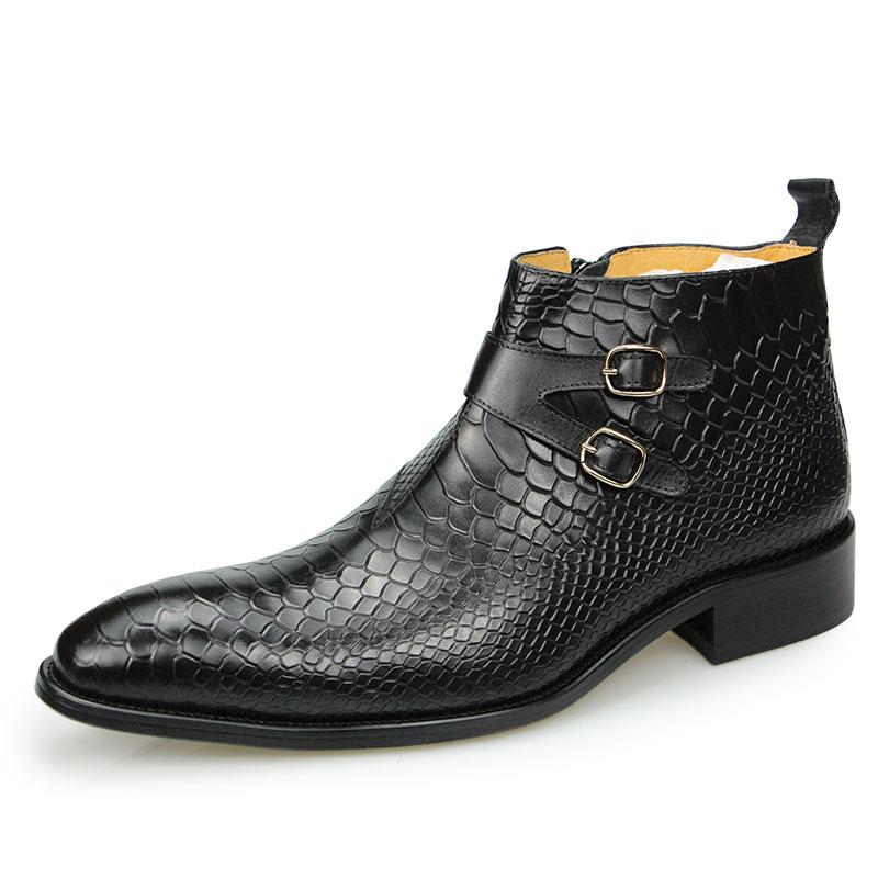 Fashion 2025 Warm Autumn Cow  Ankle Zipper Boots Fashion Snake Print Good Quality Business Genuine Leather Dress Shoes for Men Red Black