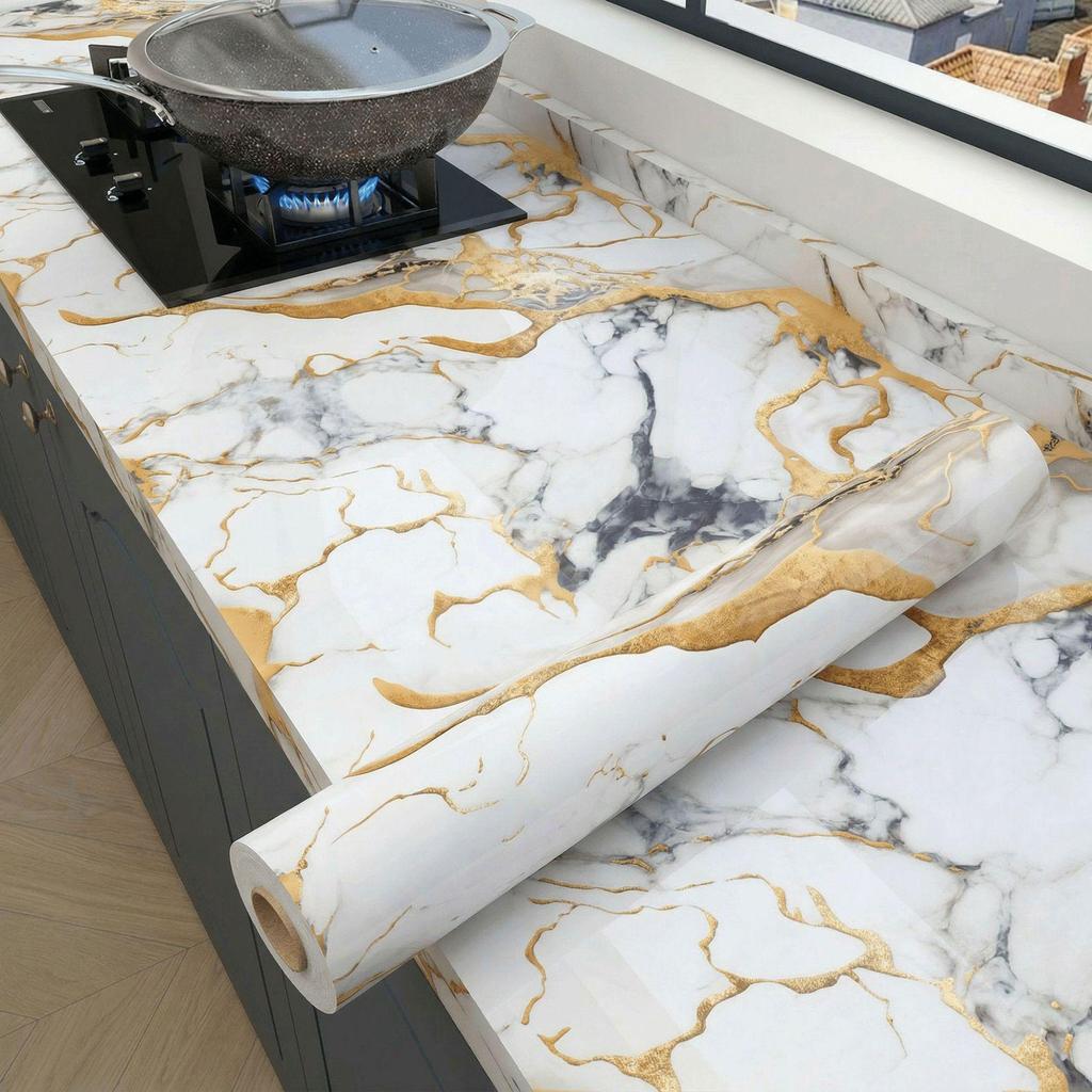 Enhanced Marble-Style Self-Adhesive Kitchen Sticker: Oil-Proof, Waterproof, High-Temperature Resistant Counter and Wall Covering.