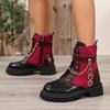 Side Zip Block Heel Booties Round Toe Spliced Lace-up Metal Chain Soft Sole Non-Slip Plus Size Women's Shoes