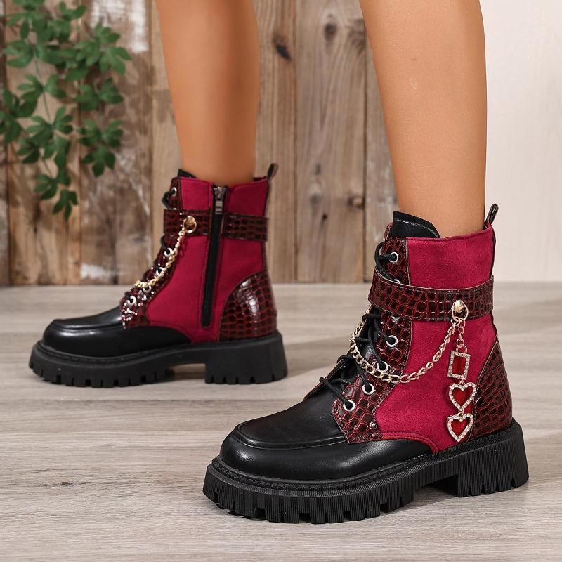 Side Zip Block Heel Booties Round Toe Spliced Lace-up Metal Chain Soft Sole Non-Slip Plus Size Women's Shoes