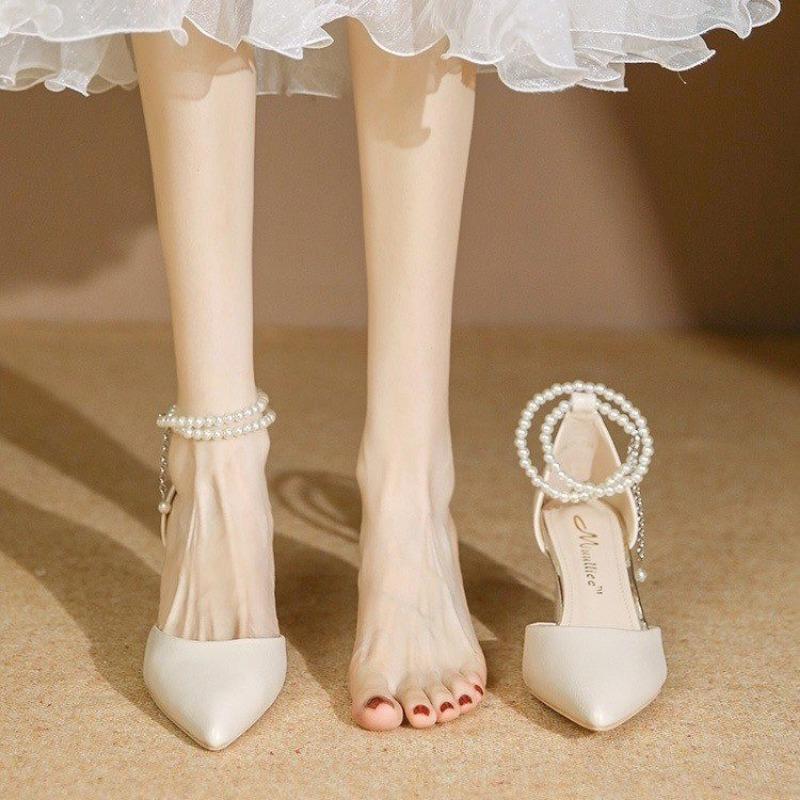 Fashion New White Ankle Pearl Strap Strappy Design Fashion High Heels Women Pumps Stiletto Sexy Dress Wedding Bridal Shoes Dress Shoes