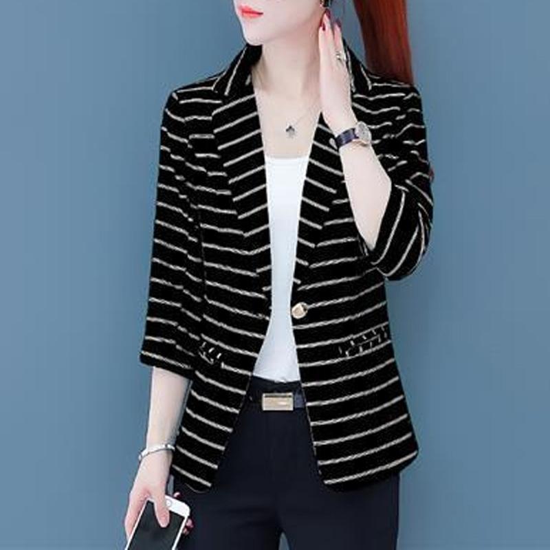 2023 Neu Frühling und Sommer Dünn Modisch Pendeln Schlicht Lässig Streifen Aufgesetzte Tasche Vielseitig Dreiviertel Damenblazer