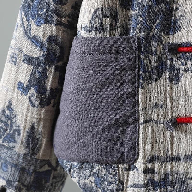 Autumn And Winter Ink Painting Printed Double Yarn Cotton Jacket Women's Stand Collar Long Sleeve Retro Button Quilted Coat A212