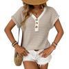 Women Striped V Neck Short Sleeve Knitted Top Casual Cap Sleeve Button Detail Summer Blouse