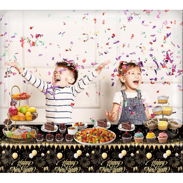 2PCS Happy New Year Tablecloth, Disposable Black Gold NYE Party Tablecloth Decorations, Rectangular Plastic New Year Table Cover NYE Theme Party