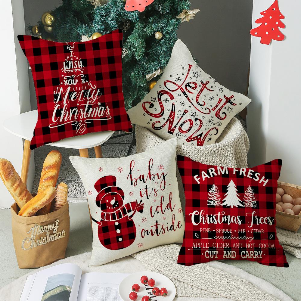 Red and Black Plaid Christmas Pillow Case Linen Print Home Lumbar Support Office Cushion
