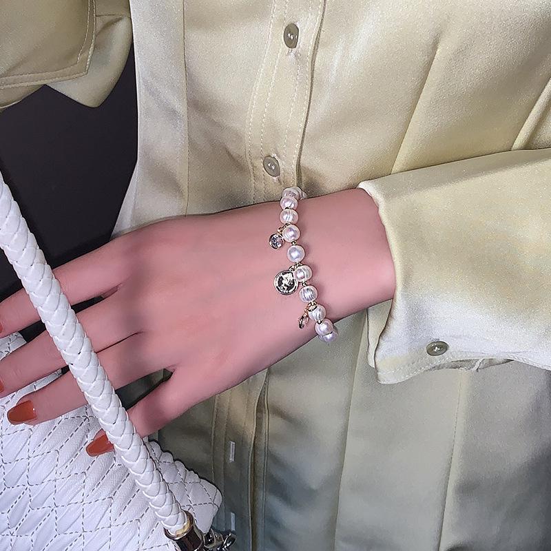 Korean Style Adjustable Freshwater Pearl & Zircon Beaded Coin Bracelet