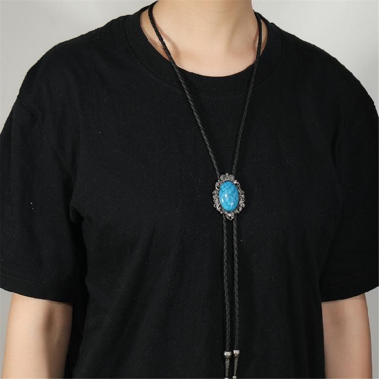 Elegant Crack Turquoises Accented Bolo Tie With Leather Cord Adjustable Necktie Necklace For Casual Or Formal Outfit