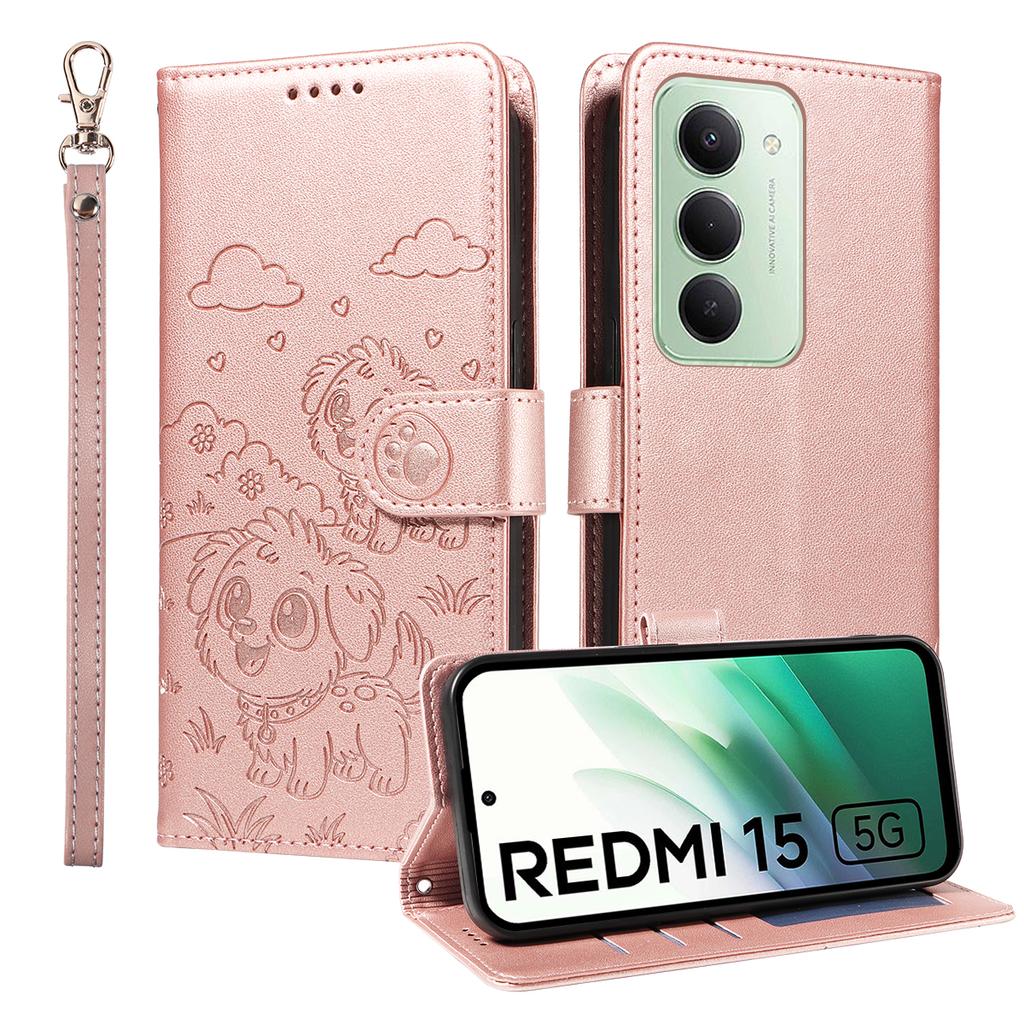 For Xiaomi Redmi 15 4G (EU) (171mm) Case RFID Blocking Imprinted Dog Pattern PU Leather Phone Cover with Wrist Strap