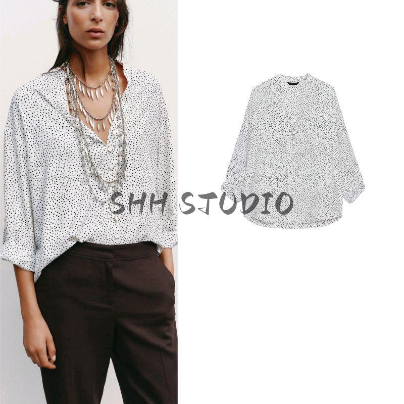Autumn New Product Women clothes Casual Style Button Decoration V-neck Can Be Rolled up Sleeve Polka Dot Long sleeve Shirts 8038903