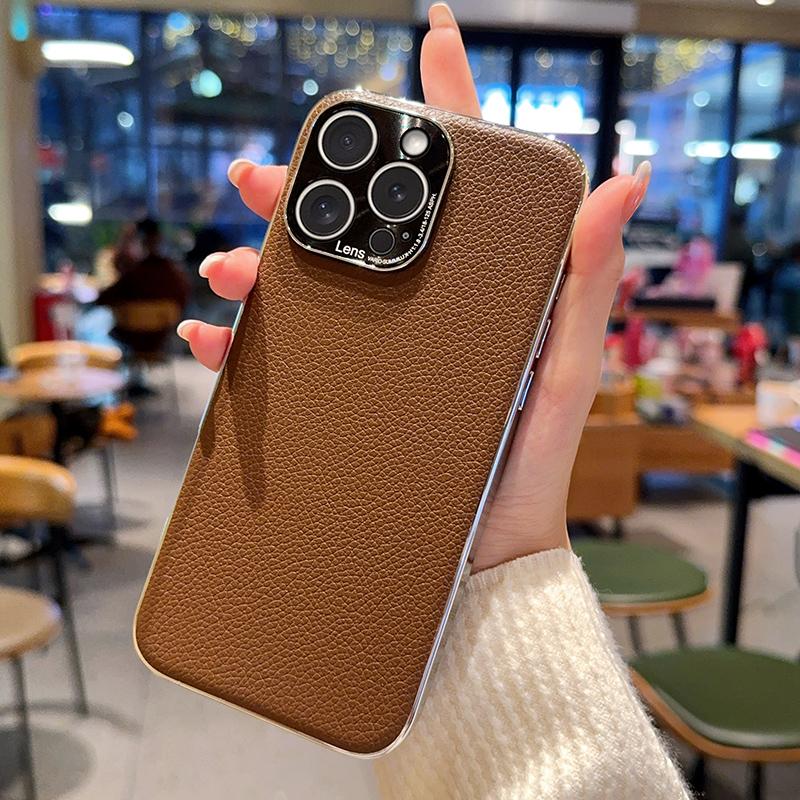 Lichee Leather Pattern Phone Case For Iphone 15 Plus 16 Pro Max Solid Color Protective Plating PC Hard Shell Back Cover