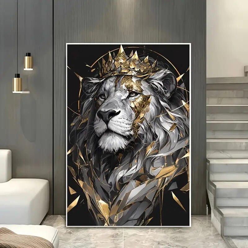 A Canvas Painting Of A Lion With A Golden Crown And Geometric Patterns - Wall Home Decoration   Suitable For Homes And Offices