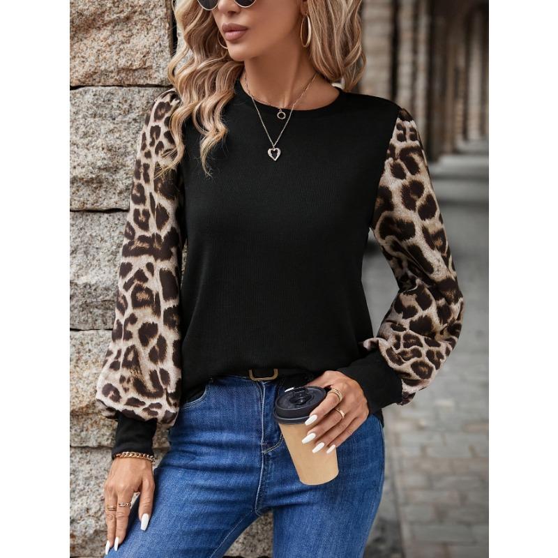 Women S Long Sleeve Crew Neck Leopard Print Loose Fit T Shirt