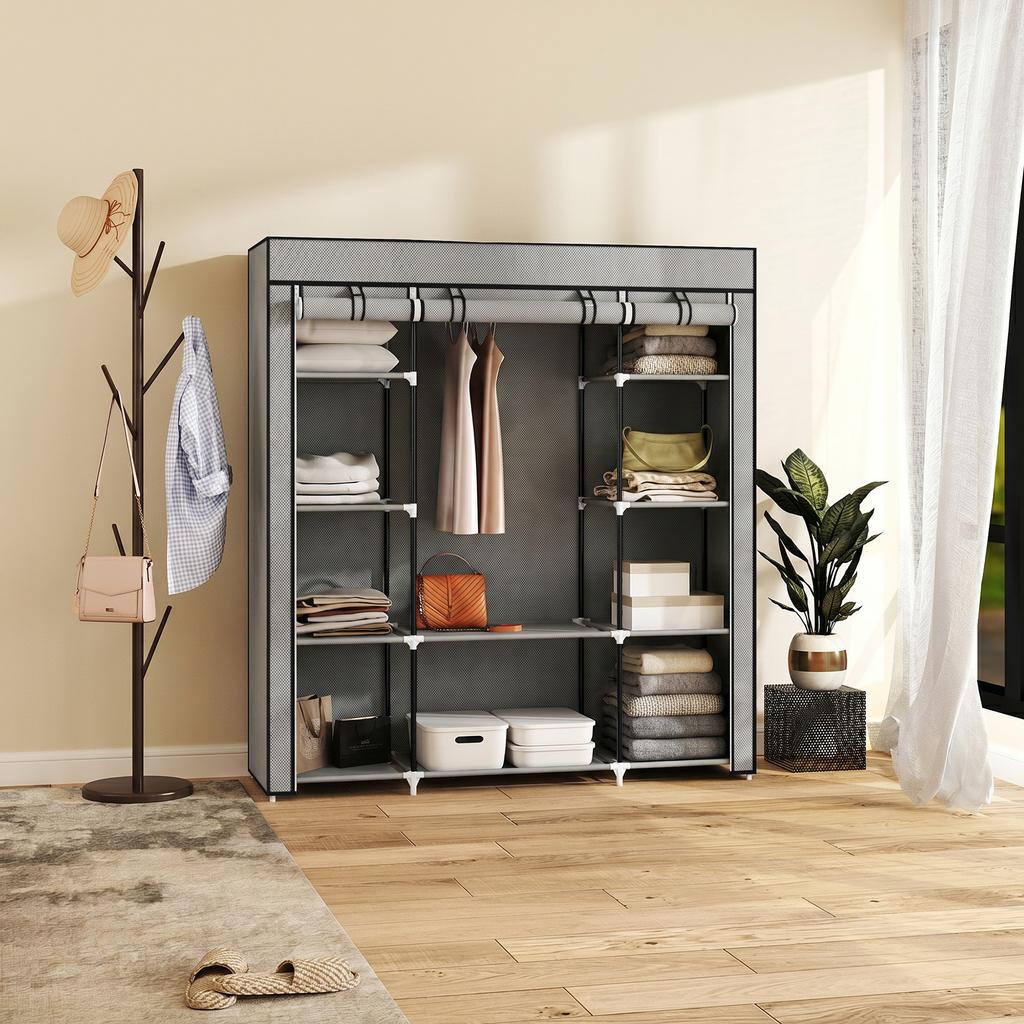 Fabric Wardrobe, Foldable, Hanging Rail, Shelves, 150 x 43 x 162.5 cm, Light Grey