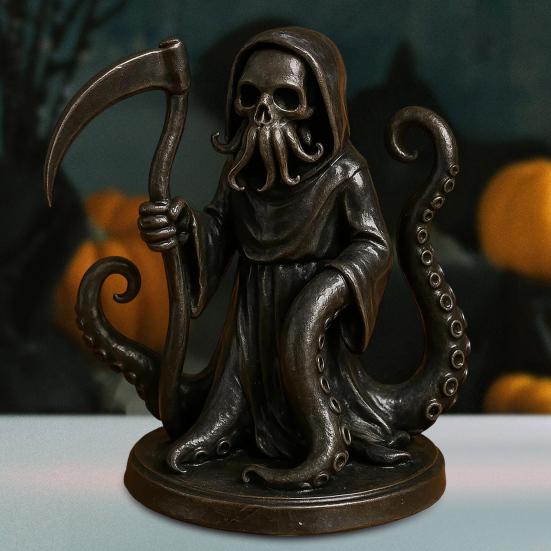 Halloween Grim Reaper Octopus Statue Gothic Black Robe Skeleton Figurine Holiday Party Decoration Skeleton Ornament with Octopus Tentacles