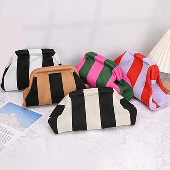 Lightweight Vacation Bag Women Woven Striped Clutch Purse, Large Capacity Kiss Lock Travel Makeup Organizer Cosmetic Pouch, Summer Beach Evening