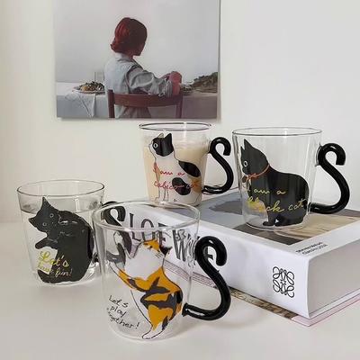 1-2 szt. 250 ml Uroczy Szklany Kubek do Kawy z Czarnym Kotem Zestaw Uchwyt Kształt Zwierzęcy Kubki na Mleko Wodę Sok Filiżanka do Herbaty Styl Japoński Prezent