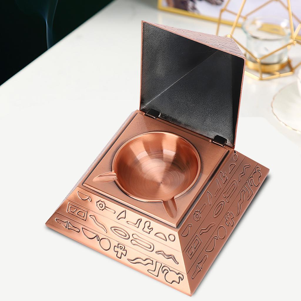 Metal Ashtray with Cover Retro Office Ornaments Smoking Gifts Egyptian Pyramids shape(Coppery )