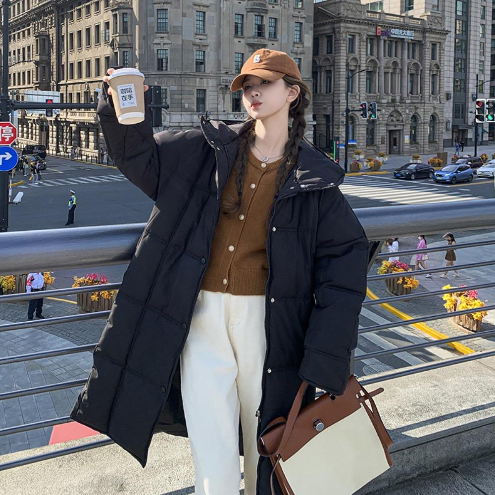 

Корейская версия с капюшоном средней длины и длинная пуховая хлопковая одежда женская осень и зима, зимняя одежда новая мода свободная хлопковая куртка XL чёрный