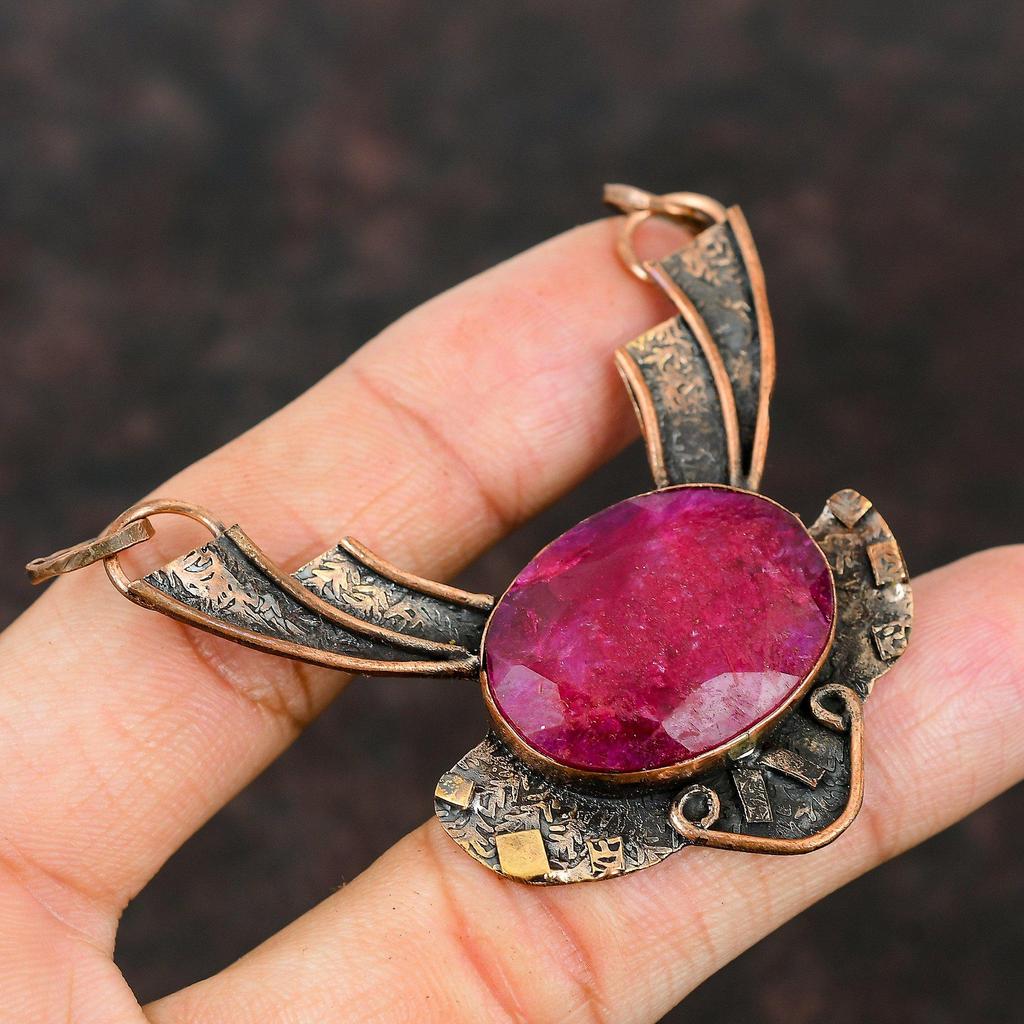 Faceted Kashmir Ruby Pendant Copper Pendant Genuine Gemstone Pendant Handmade Jewelry Latest Design Pendant Copper Jewelry Gifts For Friend