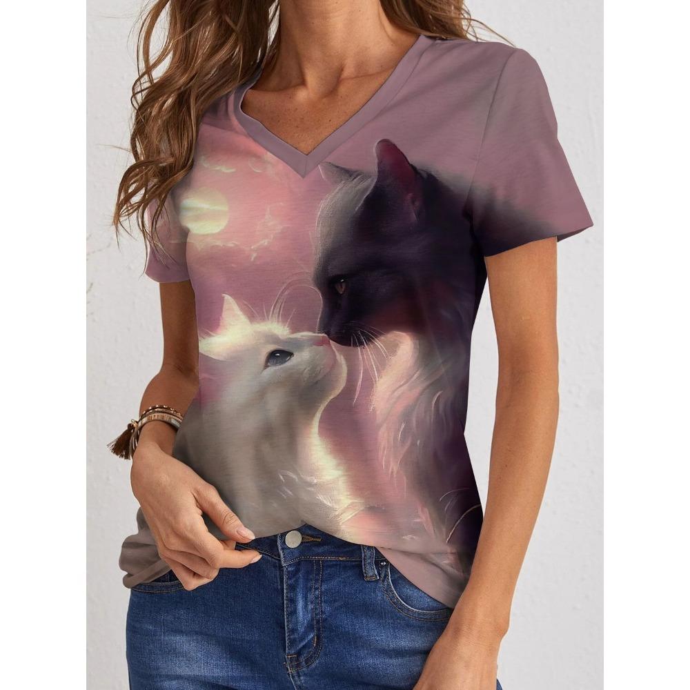 Summer Cute Kitten T-Shirts Cat 3D Print Women's Casual Top Short Sleeve V-Neck T Shirt Y2k Harajuku Tees Female Street Clothing