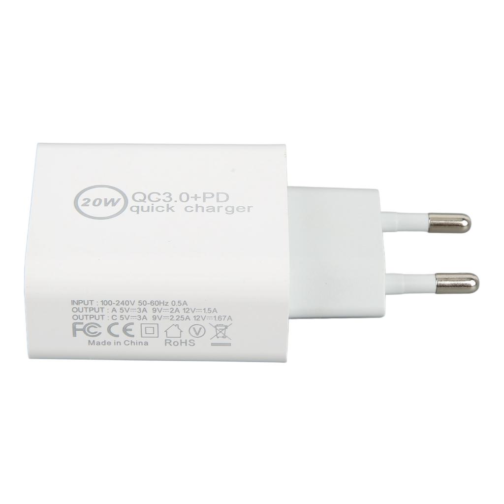 20W QC3.0 PD Quick Charger Dual Port Fast Charging Speed Charger for Dji Avata AC 100‑240V White EU Plug 85x43x24mm