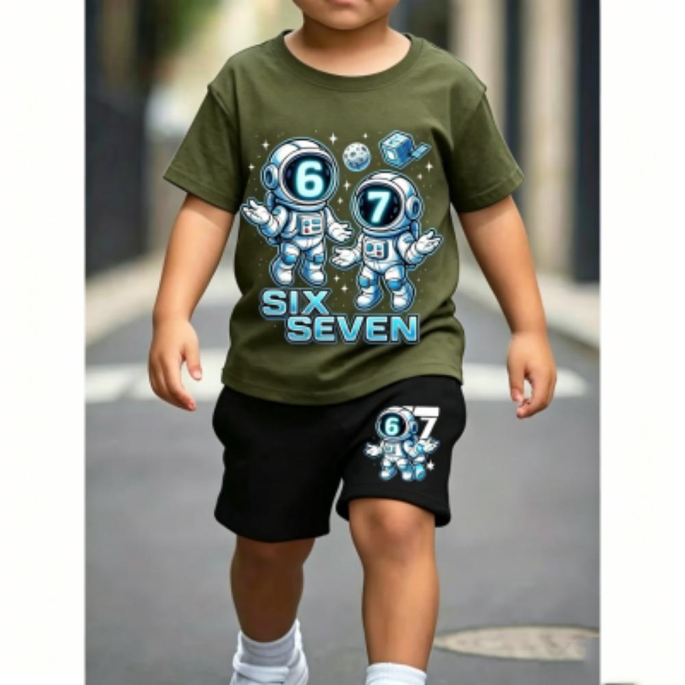 Number 67 Astronaut Fun Printed 11 Colors Kids T-shirt and Shorts 2 Piece Set Summer Home Outdoor Casual Outfit Boy and Girl's Sports Set