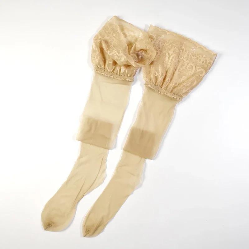 Sexy 5D Ultra Thin Transparent Medias De Mujer Wide Lace Top Silicone Hold Up Thigh High Stockings Oil Shiny Party Club Hosiery